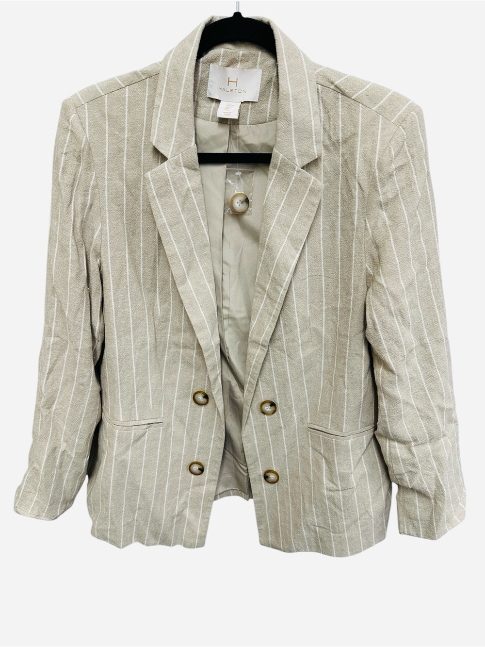 H by Halston beige pinstripe double breasted linen blend blazer  Size L NEW
